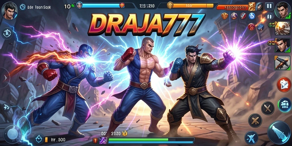 Tampilan gameplay DRAJA777 dengan pertarungan yang intens dan karakter unik.