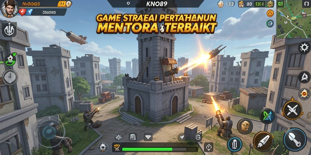 Tampilan gameplay menegangkan dari KNO89 yang menampilkan menara dan musuh.