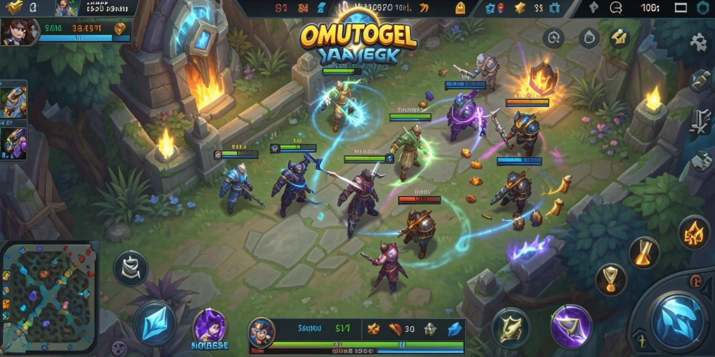 Screenshot utama OMUTOGEL menunjukkan serunya gameplay MOBA yang kompetitif.