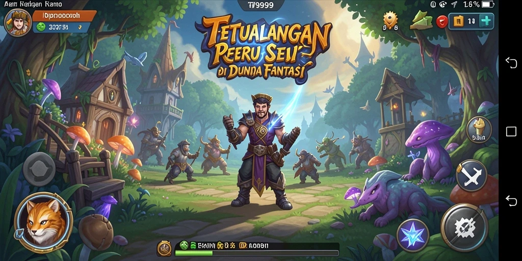 Screenshot utama T9999 menampilkan karakter beraksi di dunia RPG yang memukau.