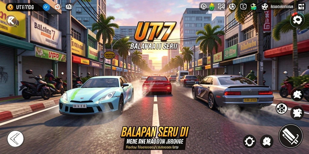 Gameplay seru UT77 dengan mobil balap yang cepat.